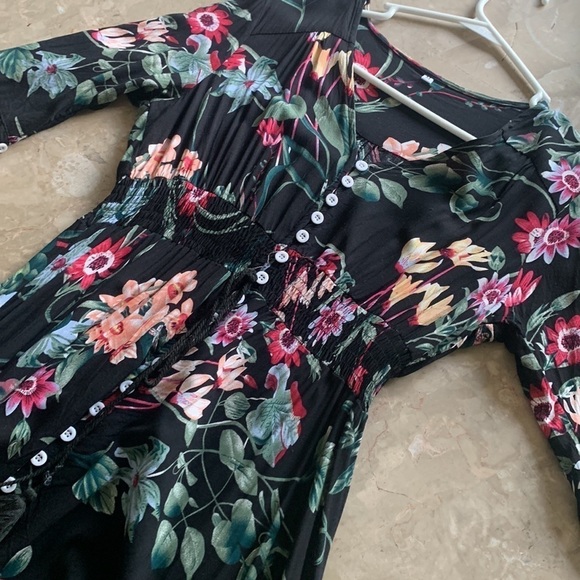 Floral Printed Button Up Half Sleeve Split Flowy Party Long Dress Fall Dress M - Picture 11 of 16